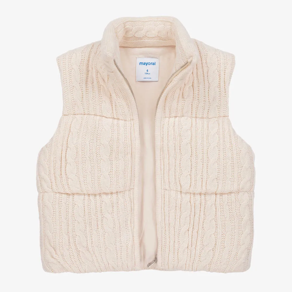 Girls Ivory Cable Knit Padded Gilet