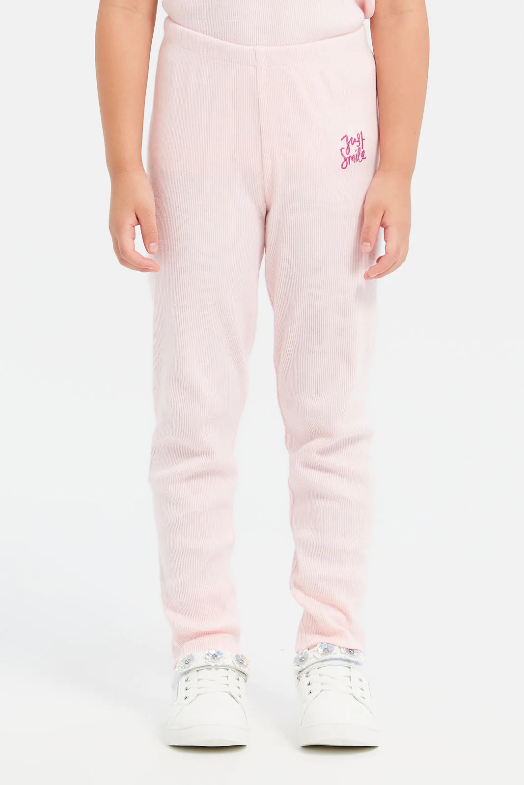 Girls Pink Ribbed Leggings