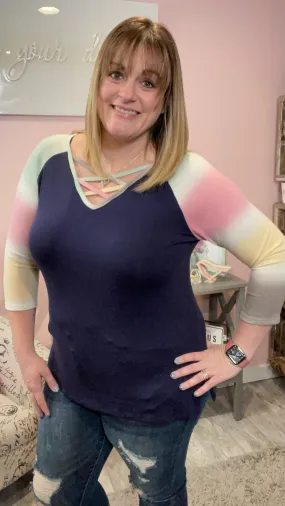 Navy Raglan with Tie Dye Criss Cross
