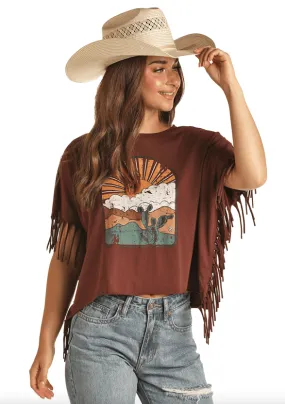 Rock & Roll Cowgirl Women's Brown Desert Fringe Tee RRWT21R0YM