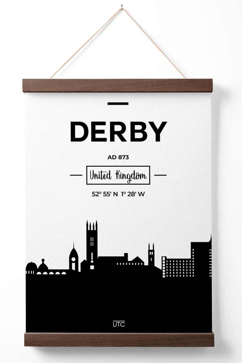 Wall Art & Pictures | Derby Black and White City Skyline Poster with Walnut Hanger | ARTZE